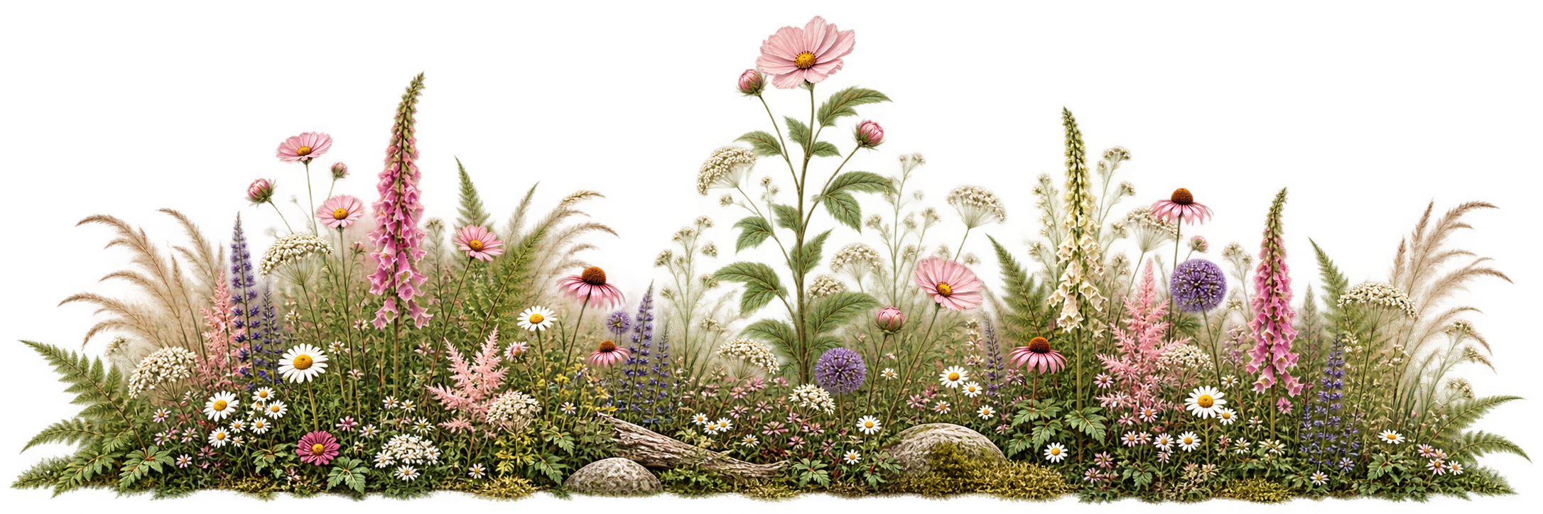 Broad editorial planted horizon composition featuring pink cosmos and white umbels rising from section floor