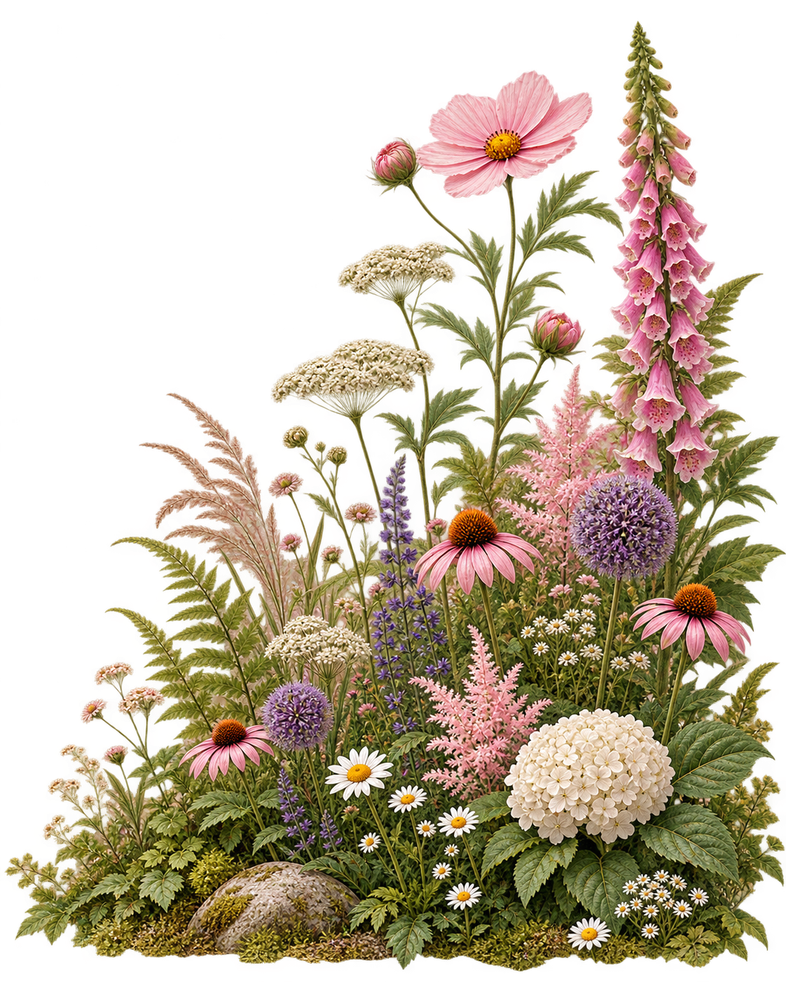 Foreground garden flowers and foliage overlapping business card edges