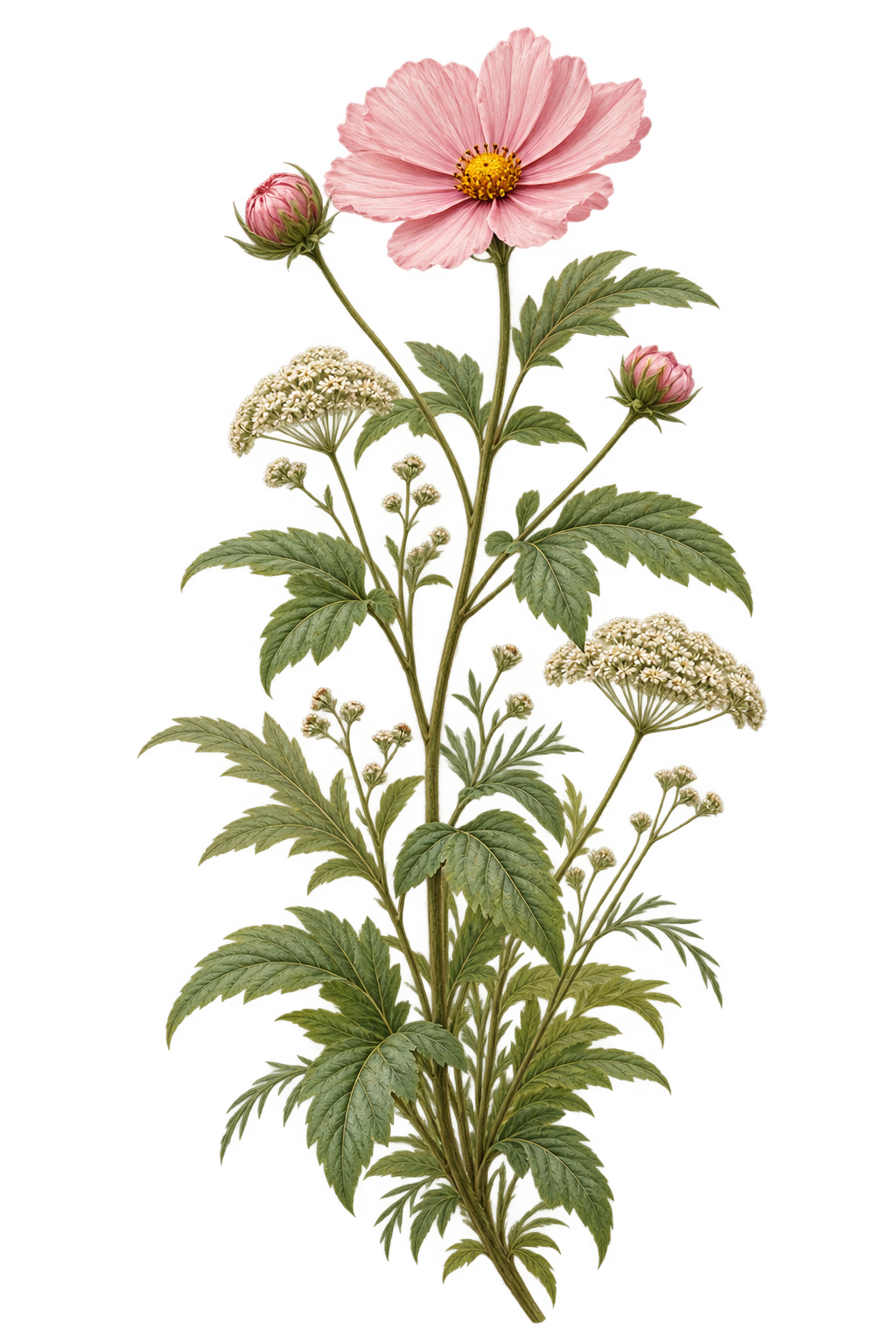 Dominant sculptural long-stem botanical specimen with primary pink flower head