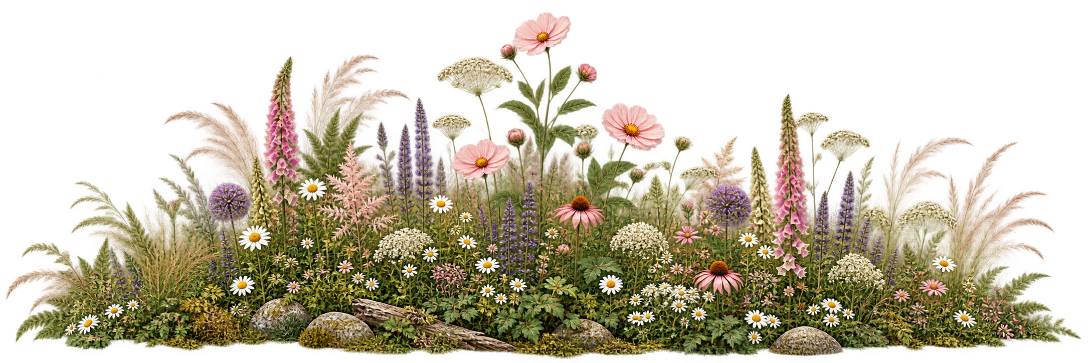 Secondary flowering meadow planting with pink cosmos, slender stems and fine foliage