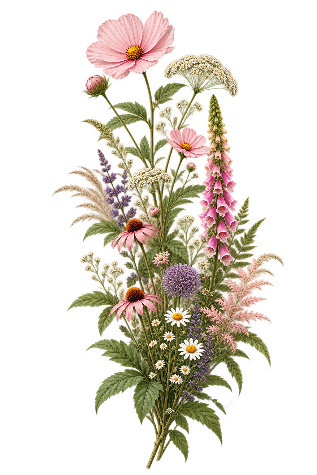 Botanical narrative spine depicting multi-species organic growth along process steps